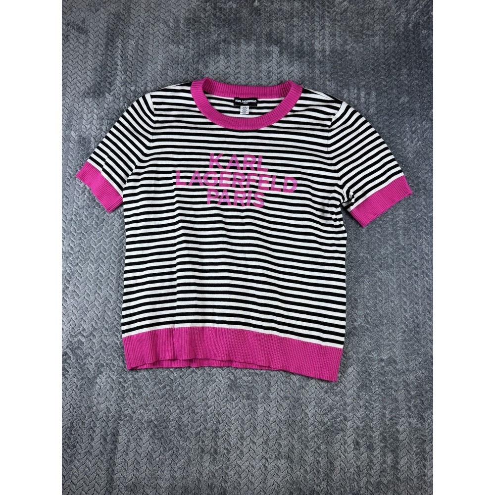 Karl Lagerfeld Paris Sweater Womens Large Multicolor Striped Ribbed Crew Neck